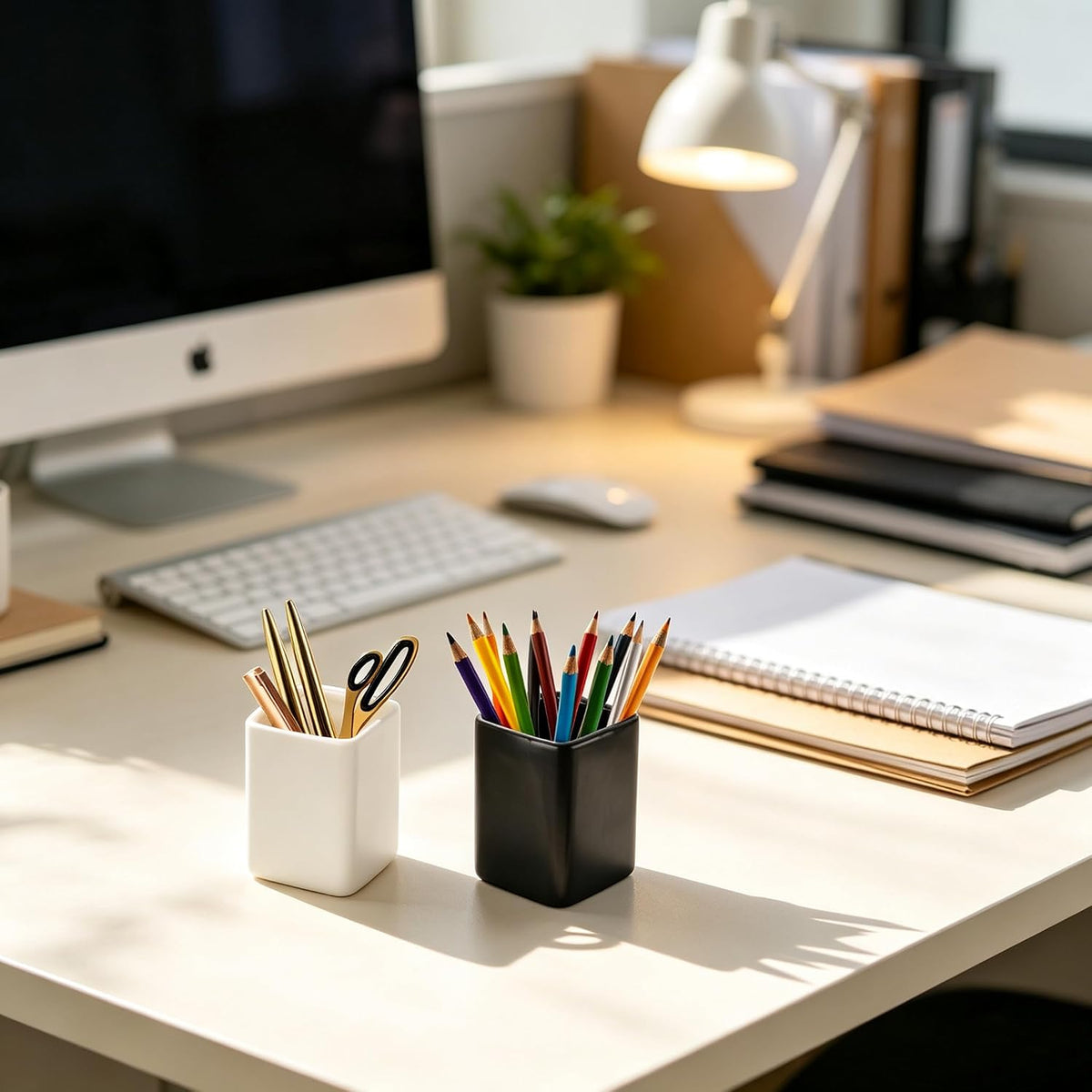 Square Ceramics Desk Pencil Holder for Men and Woman, Suitable for Offices and Homes(Black)