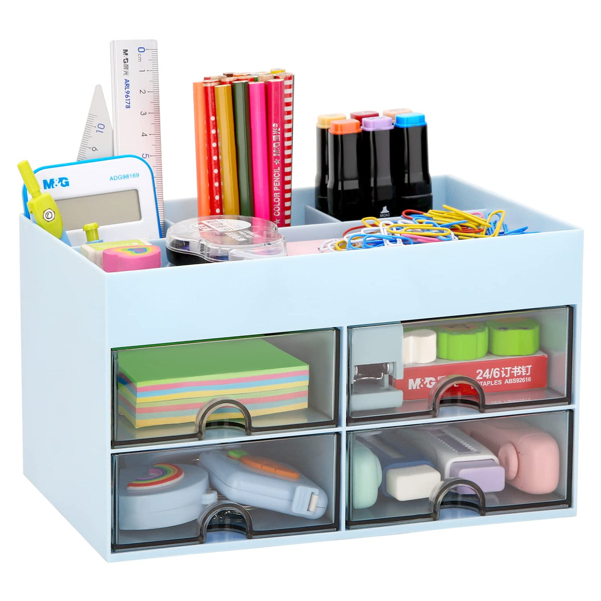 LETURE Desktop Organizer with Drawer, Accessories Stationary Organizer Desk Caddy, Pen/Pencil/Business Card/Sticky Note Tray/Paperclip Holder Storage Box (White)