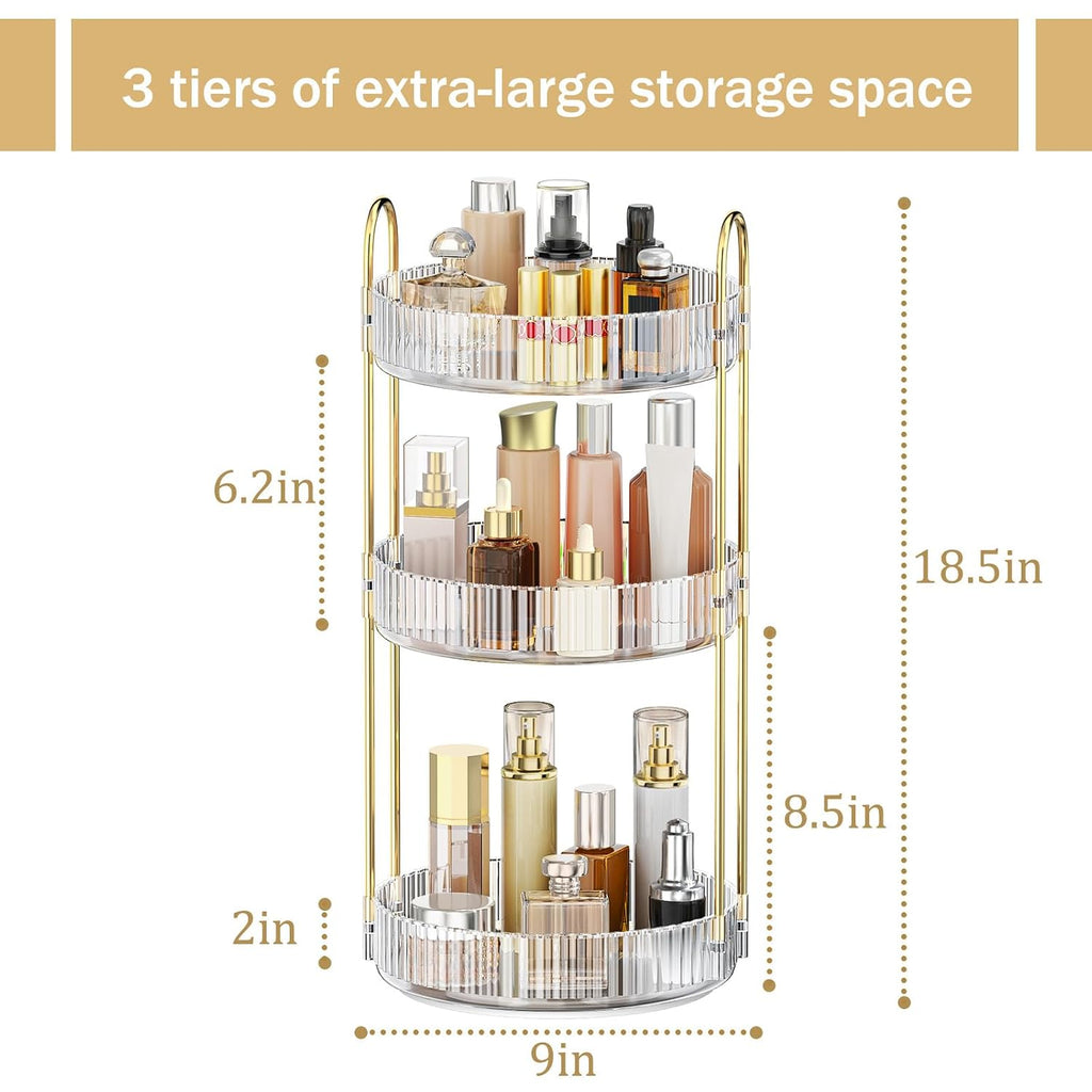 MOKANI 360 Rotating Makeup Organizer for Vanity, 3 Tier Perfume Organizer