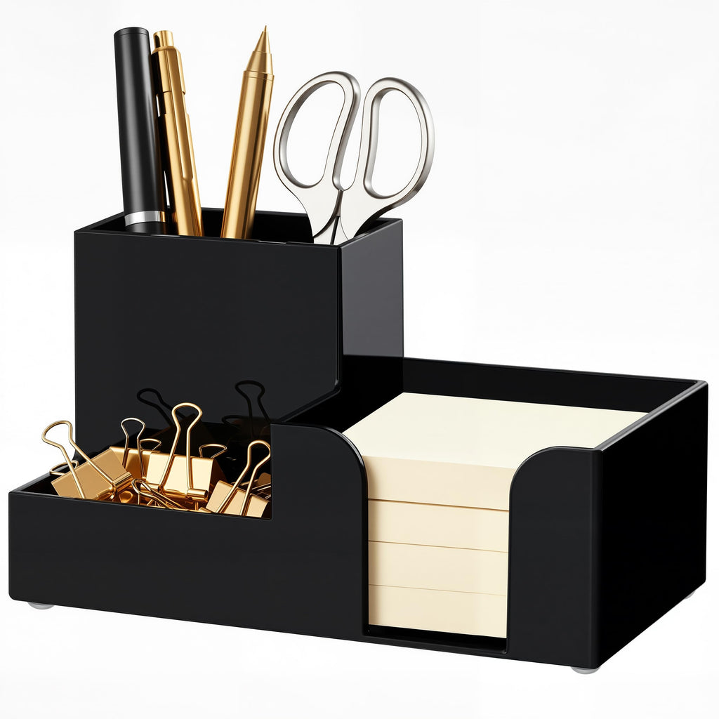 HBlife Acrylic Pen Holder for Desk, 3-Compartment Small Desk Organizer, Clear Office Supplies Desk Accessories with Sticky Notes Holder Stores Post It Notes 3X3 for Office, Home and School