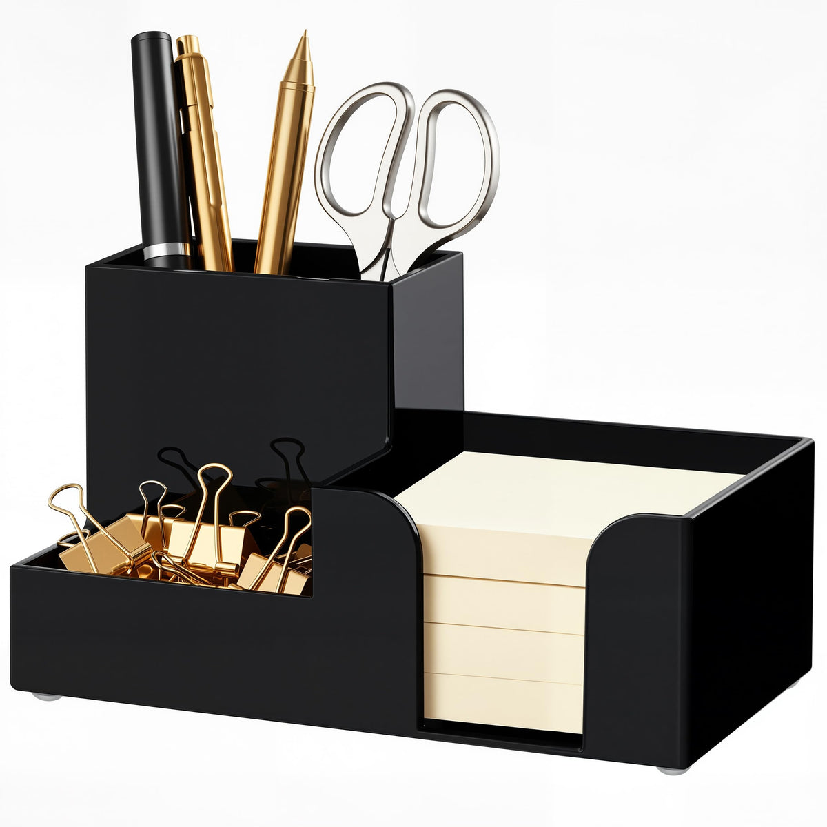 HBlife Acrylic Pen Holder for Desk, 3-Compartment Small Desk Organizer, Clear Office Supplies Desk Accessories with Sticky Notes Holder Stores Post It Notes 3X3 for Office, Home and School