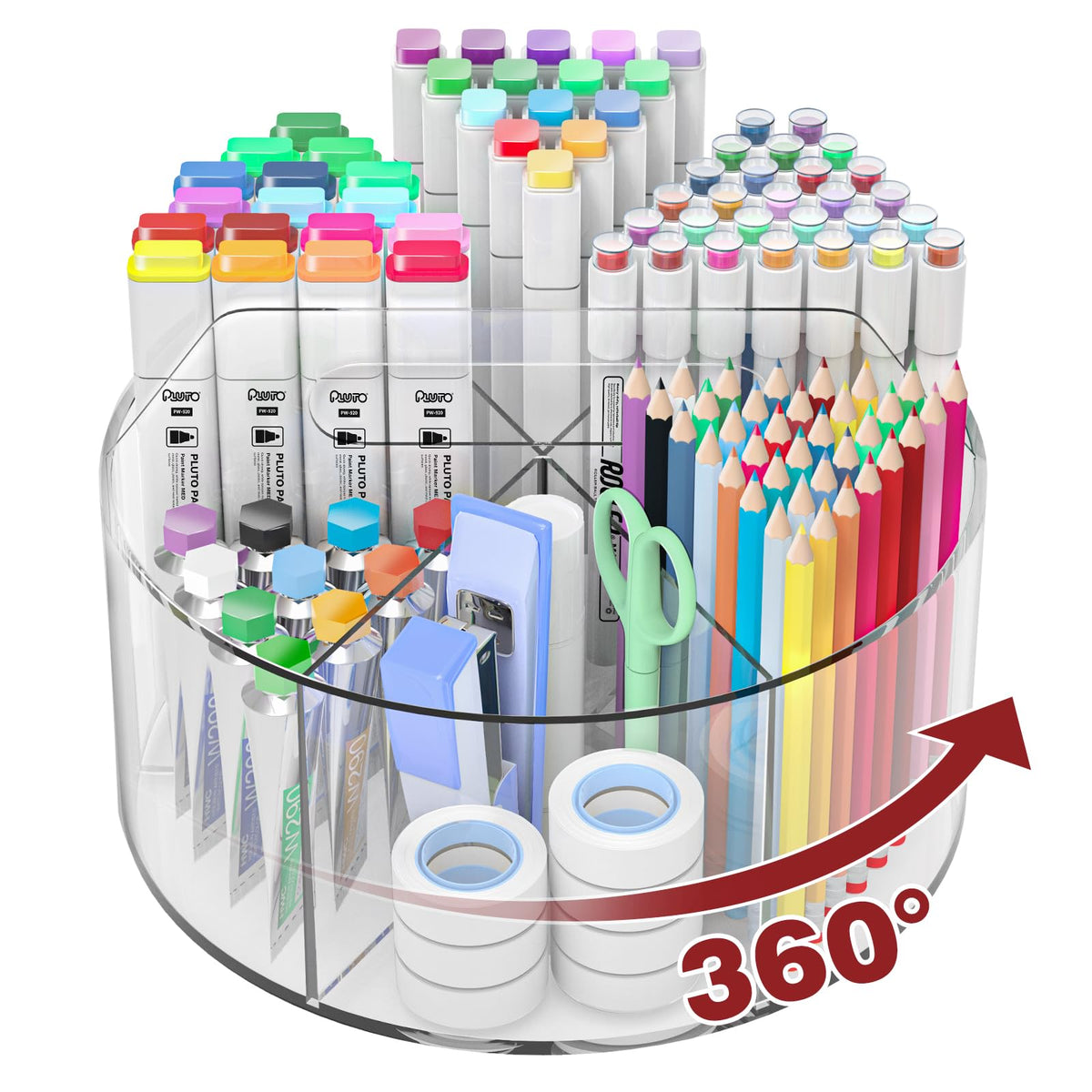 Absonic 250pcs Acrylic Pencil Holder Marker Organizer, Back to School 360-Degree Rotating Pen Holder, Crayon Organizers for Kids Pencil Organizer Caddy Art Supply Lazy Susan Organizer for Desk Office