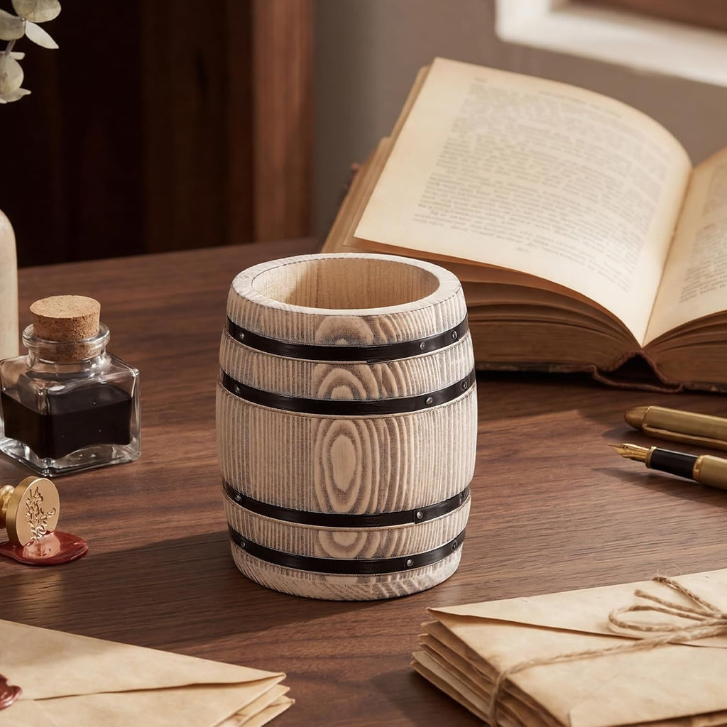 Rustic Wooden Pen Holders for Desk, Wine Barrel Funny Pencil Cup