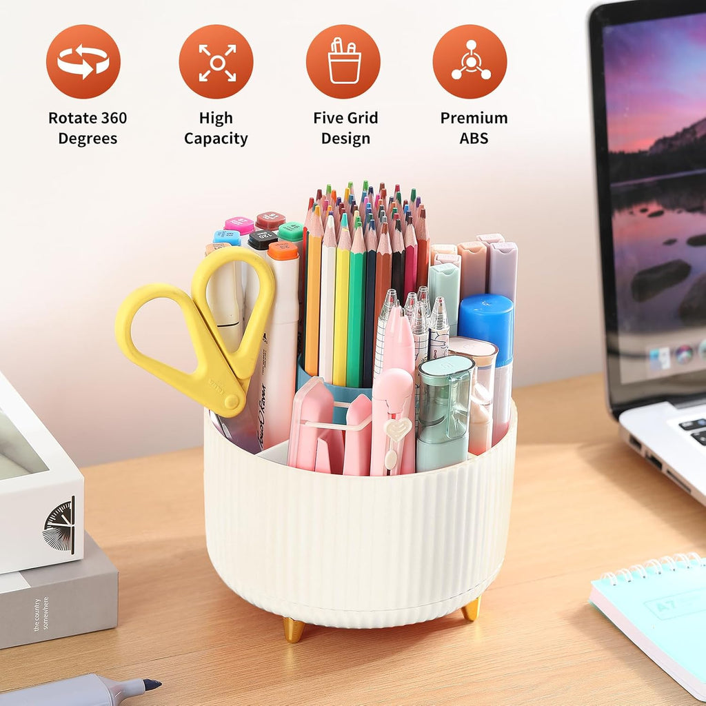 Desk Pencil Pen Holder, 5 Slots 360°Degree Rotating Pen Organizers for Desk, Desktop Storage Stationery Supplies Organizer, Cute Pencil Cup Pot for Office, School, Home, Art Supply, Beige
