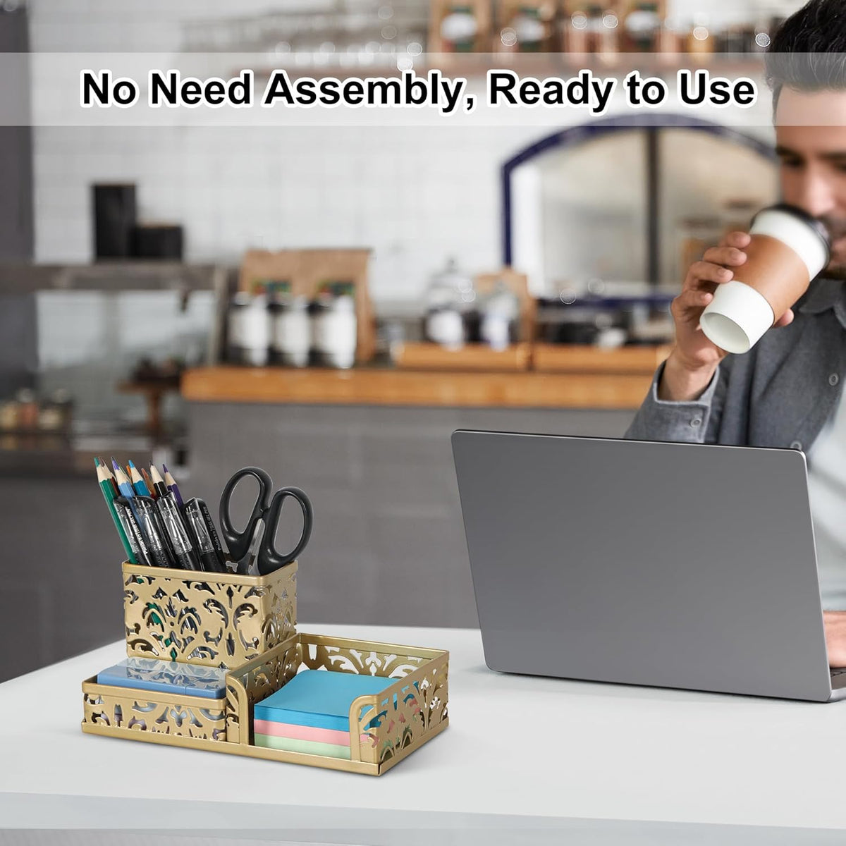 EasyPAG Desk Organizer 3 Compartment Pen Holder for Desk Office Supplies Caddy with Sticky Notes Holder for School Home, Gold