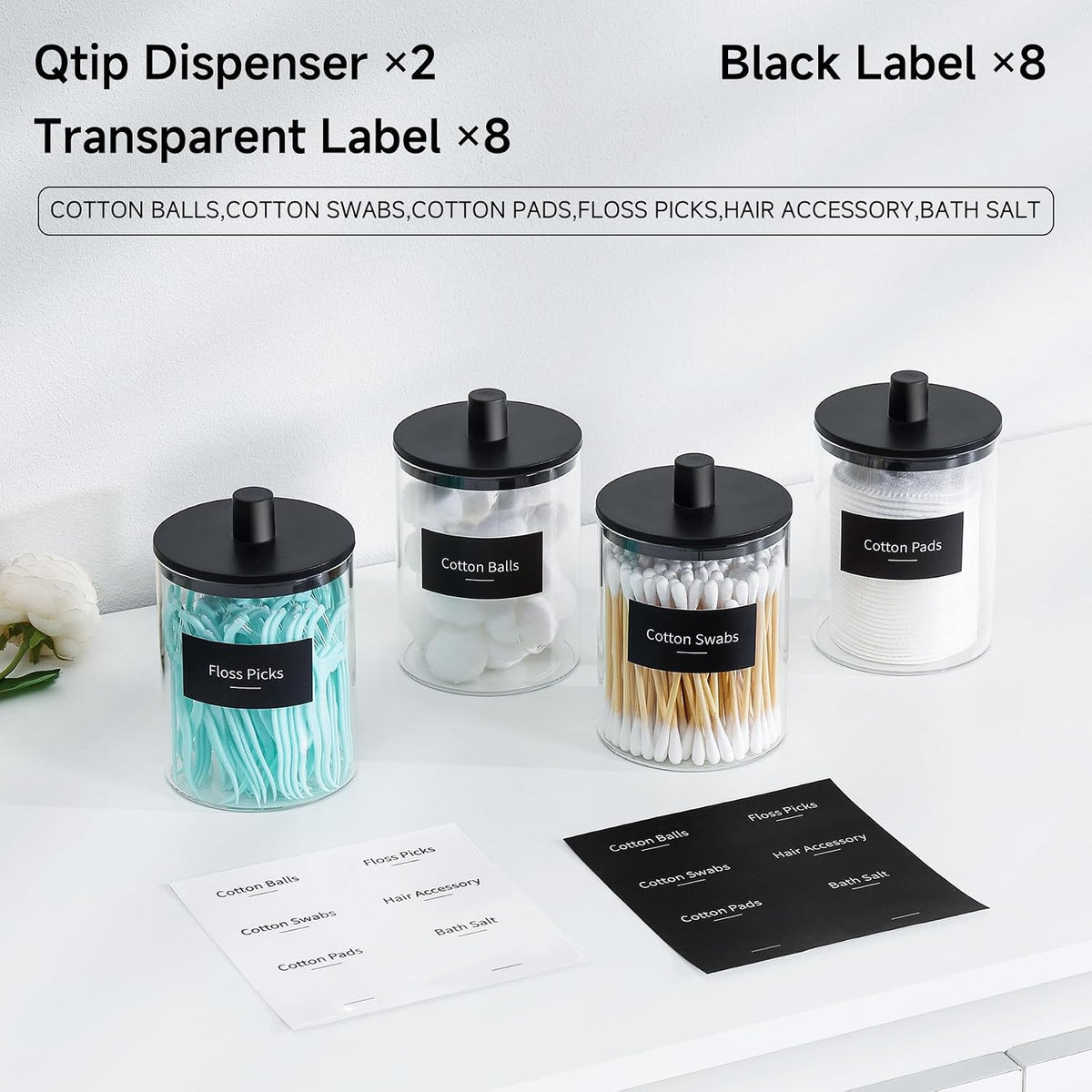 TIPGO Glass Qtip Holder Dispenser - 10 oz Clear Canister Apothecary Jar, Bathroom Vanity Storage Organizer Set for Cotton Swabs, Pads, Floss Picks, Small Containers for Makeup Storage (2 Pack, Black)