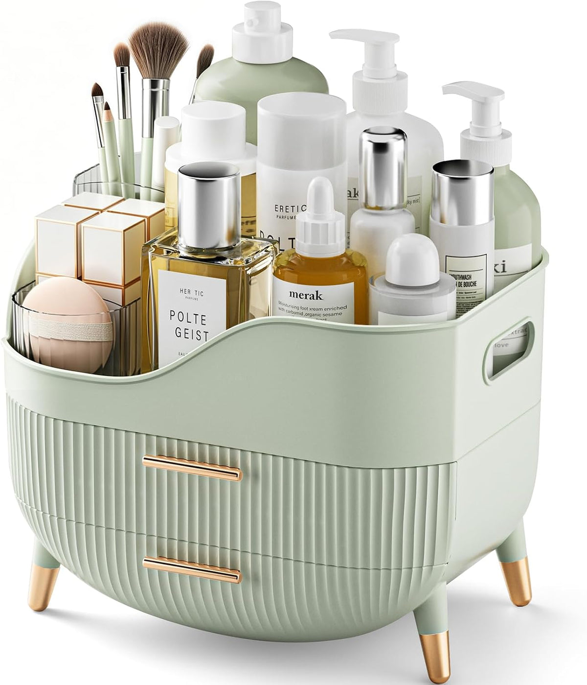 Pajiriona Makeup Organizer with Drawers, Green Skincare Organizer for Vanity, Storage Box with Handle, Large Cosmetic Display Case for Dresser, Bathroom Countertop