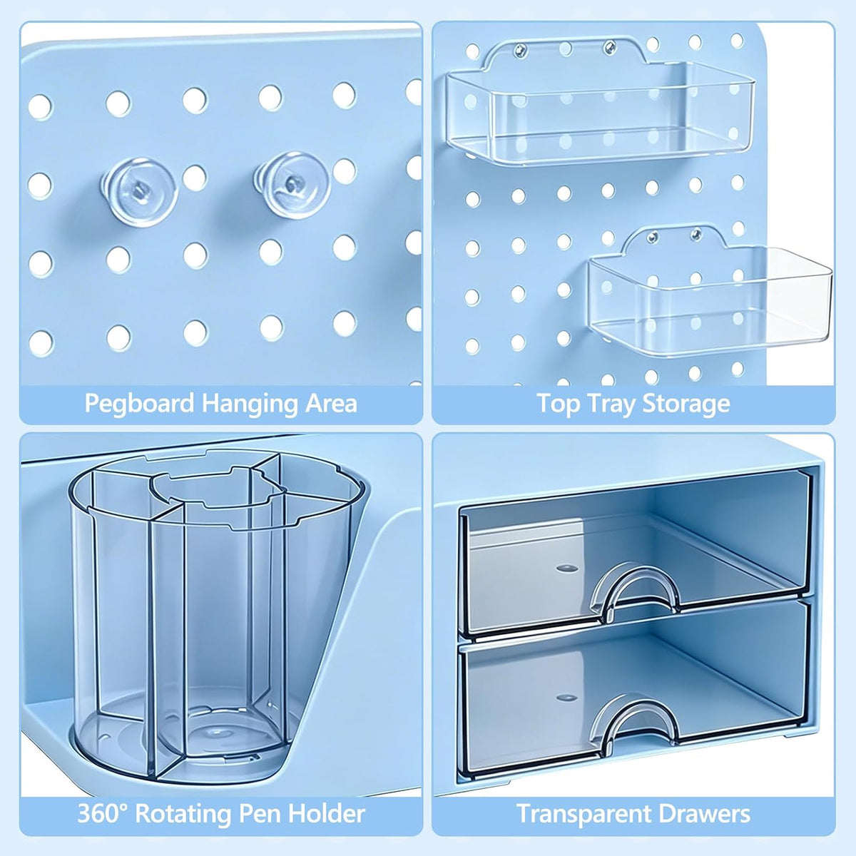 Desk Organizer with 360° Rotating Pen Holder, 5 Slots, 2 Drawers & Pegboard for Office School Art Supplies (Blue)
