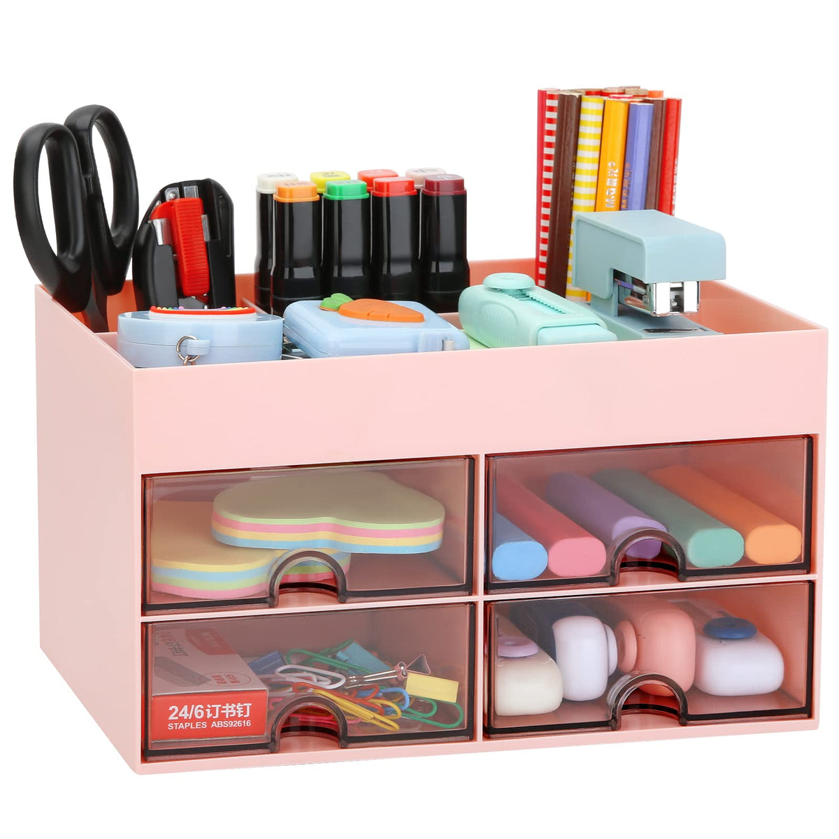 LETURE Desktop Organizer with Drawer, Accessories Stationary Organizer Desk Caddy, Pen/Pencil/Business Card/Sticky Note Tray/Paperclip Holder Storage Box (White)