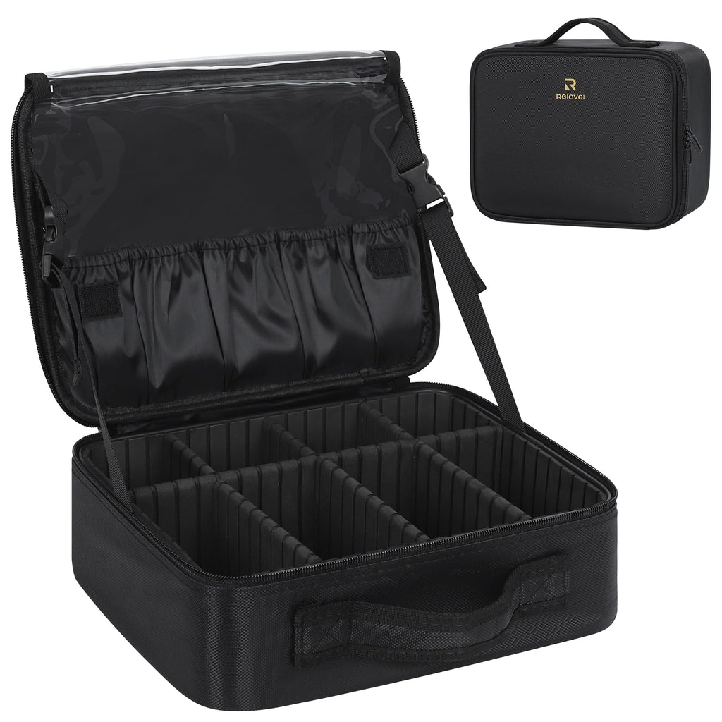 Relavel Makeup Case Large Makeup Bag Professional Train Case 16.5 inches Travel Cosmetic Organizer Brush Holder Waterproof Makeup Artist Storage Box, 3 Layer Large Capacity, with Adjustable Strap