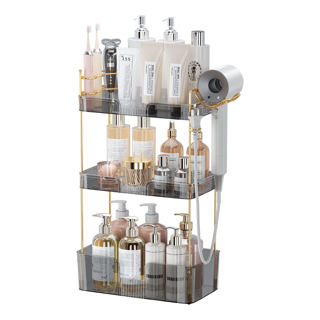 Akinbas 3 Tier Bathroom Organizer Countertop Makeup Perfume Tray Skincare Organizer for Bathroom Dresser Vanity (Grey)
