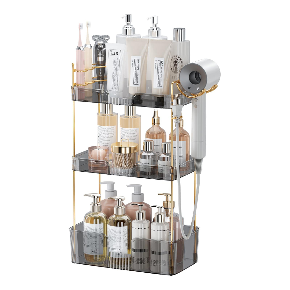 Akinbas 3 Tier Bathroom Organizer Countertop Makeup Perfume Tray Skincare Organizer for Bathroom Dresser Vanity (Grey)