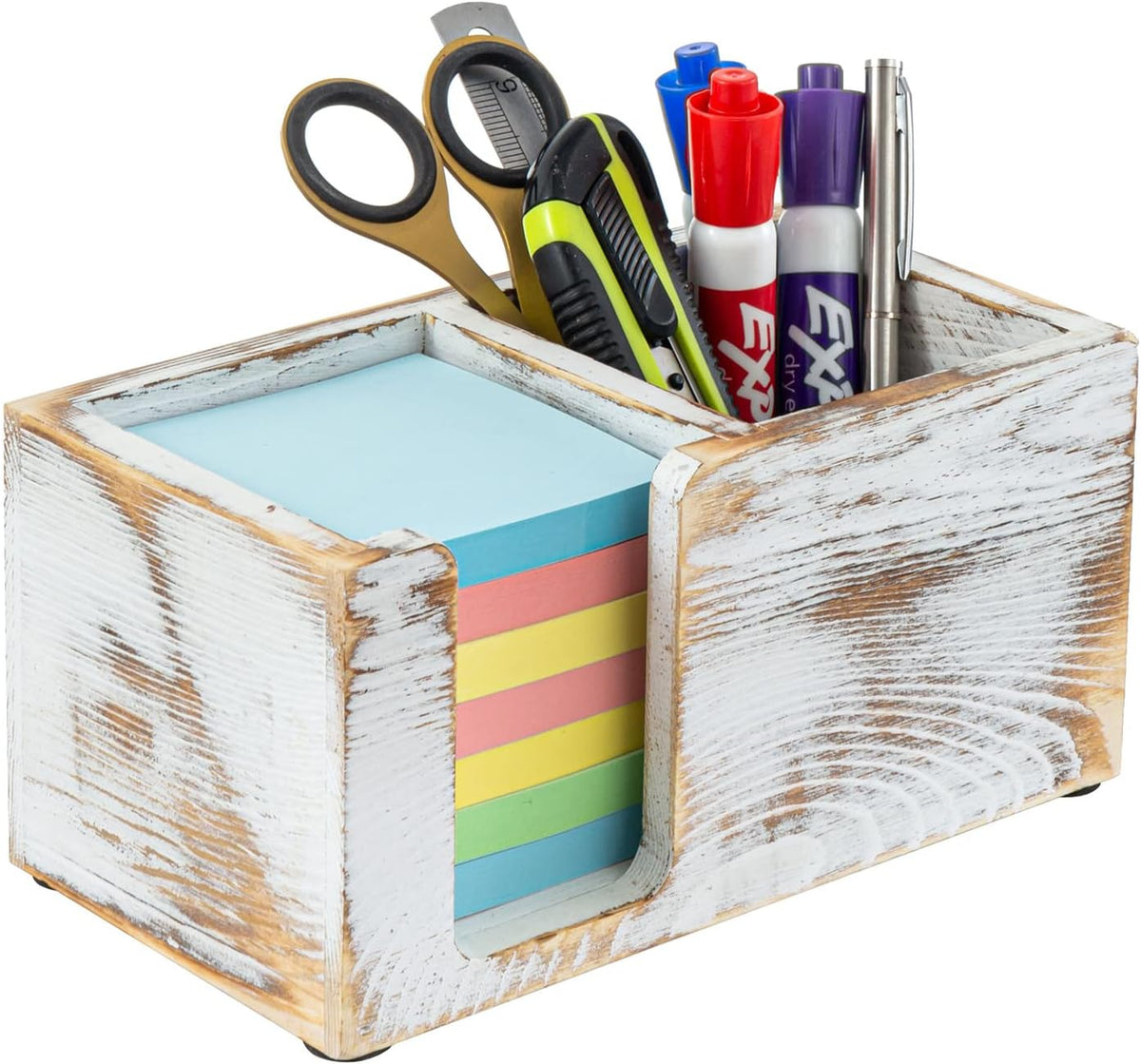 MyGift White Washed Wood Sticky Note Holder, Desktop Stationery Caddy