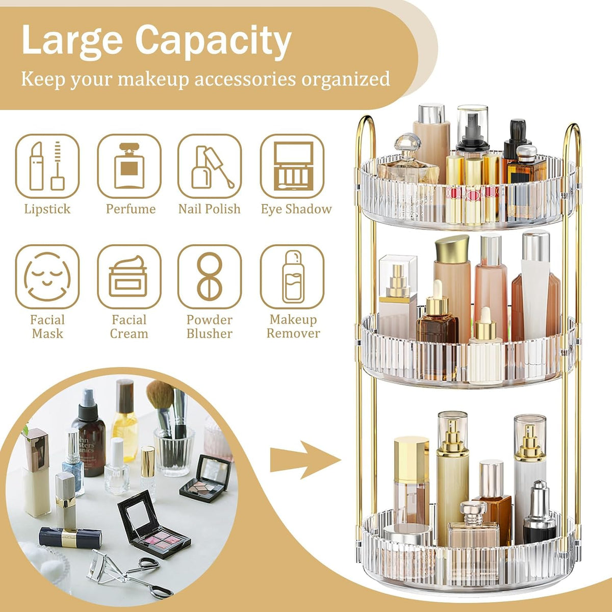 MOKANI 360 Rotating Makeup Organizer for Vanity, 3 Tier Perfume Organizer
