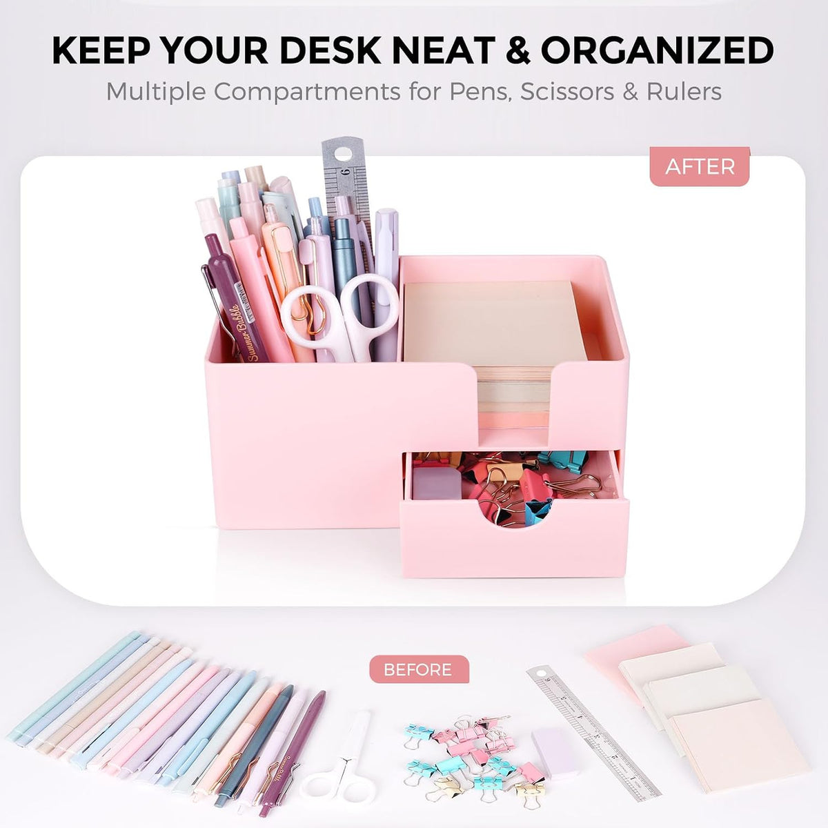 SKYDUE Small Desk Organizer with Sticky Notes Holder,Pen Holder for Desk