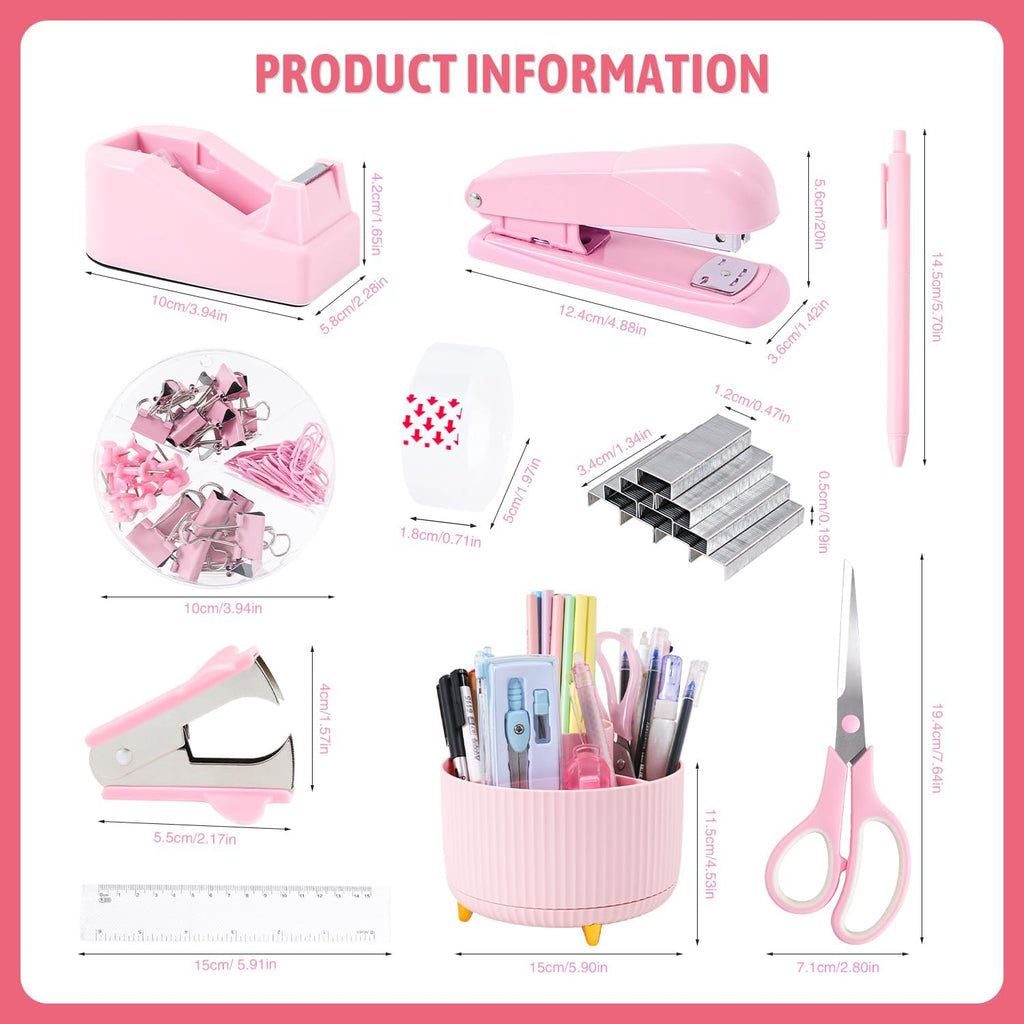 Gawsey Pink Desk Organizers and Accessories with Desk Organizer 360° Rotating Pen Holder and Office Supplies, Cute Stationery Supplies Set