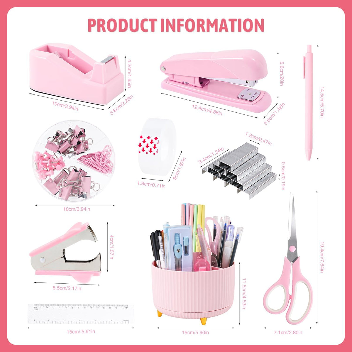 Gawsey Pink Desk Organizers and Accessories with Desk Organizer 360° Rotating Pen Holder and Office Supplies, Cute Stationery Supplies Set