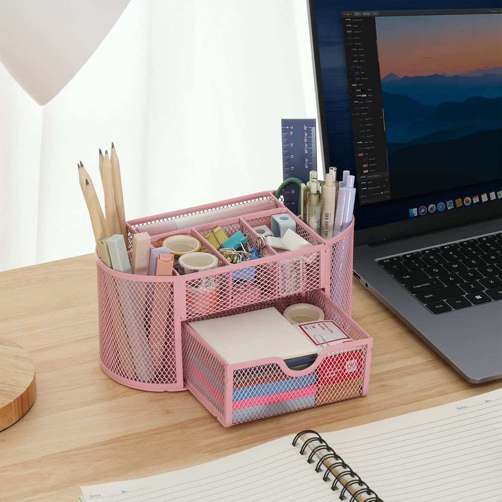 EOOUT Pink Desk Organizer Mesh Pencil Holder 8 Compartments 1 Drawer