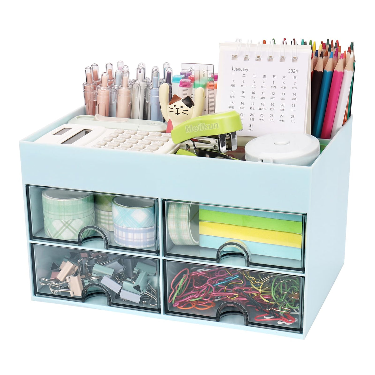 Meiikun Desk Organizer with Drawer, Pen Organizer for Desk, Small Pencil Holder, Desk Organizers and Accessories for Office Home Storage (2 Drawers+4 Compartments, Pink)