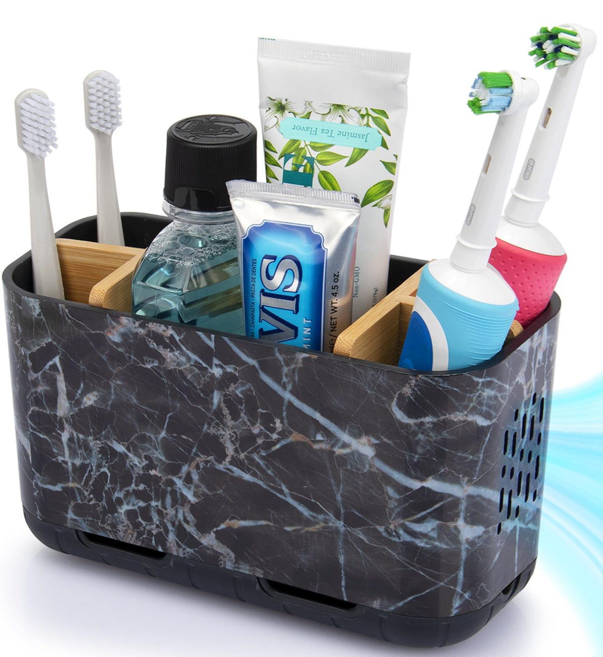 GFWARE Toothbrush Holders for Bathrooms, 5 Slots Bamboo Toothbrush Holder Kids Electric Toothbrush Holder and Toothpaste Holder for Bathroom Countertop Accessories Storage, Marble Toothbrush Organizer