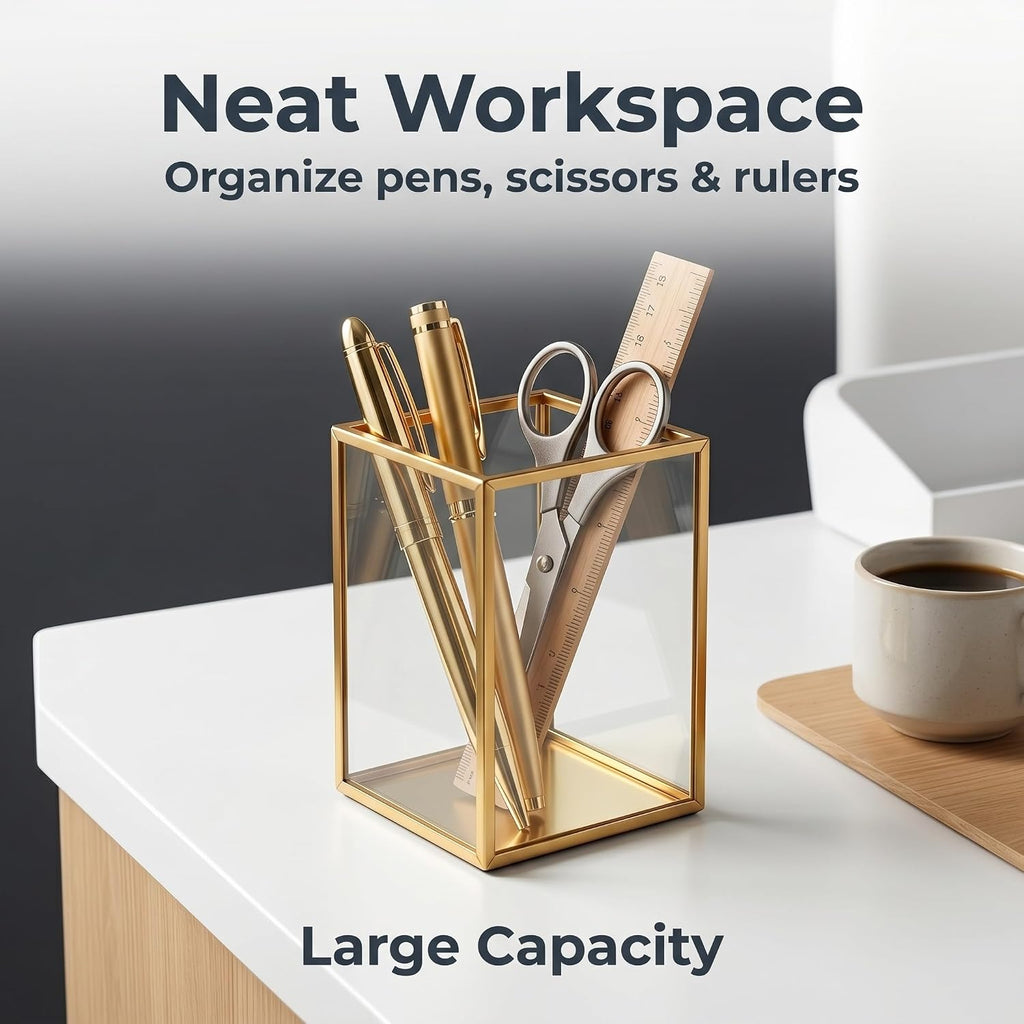 Feyarl Glass Pen Holder Set of 2pcs Clear Pencil Cup Desk Organizer Transparent Glass Office Supplies Holder for Pens Pencils Markers Makeup Brush Holder for Vanity Desktop (2.56 x 2.56 x 3.94 Inch)