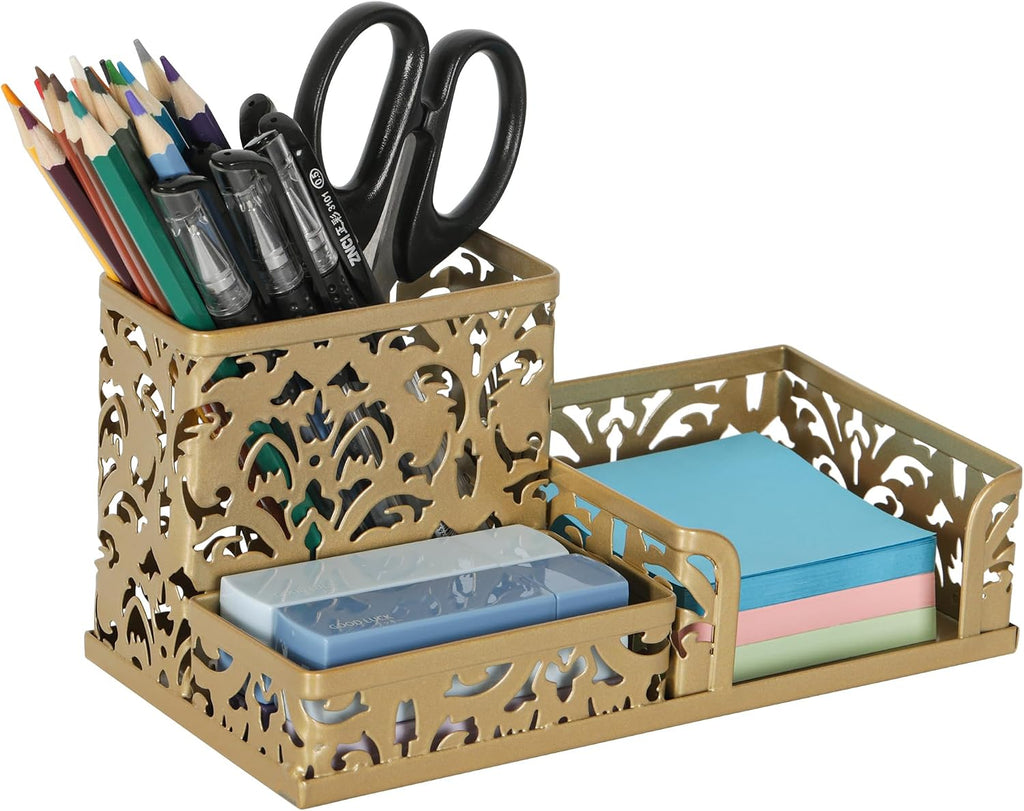 EasyPAG Desk Organizer 3 Compartment Pen Holder for Desk Office Supplies Caddy with Sticky Notes Holder for School Home, Gold
