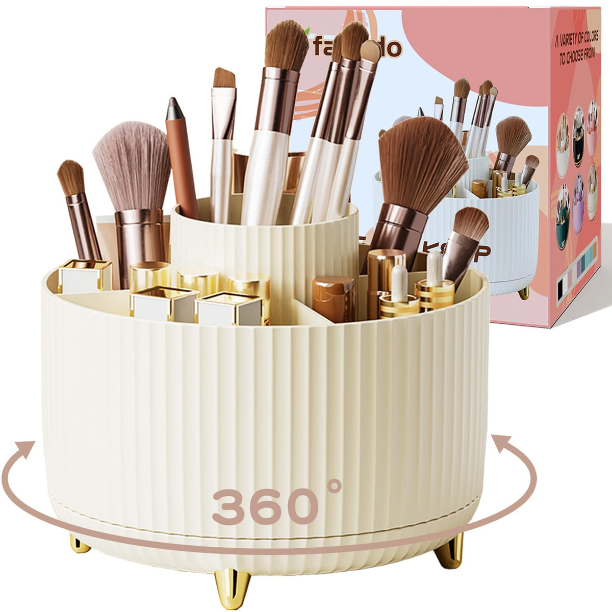 fanado 360° Rotate Makeup Brush Holder Organizer, Makeup Organizers Countertop, Makeup organization and Skincare Storage for Vanity, Desktop, Bathroom (White)
