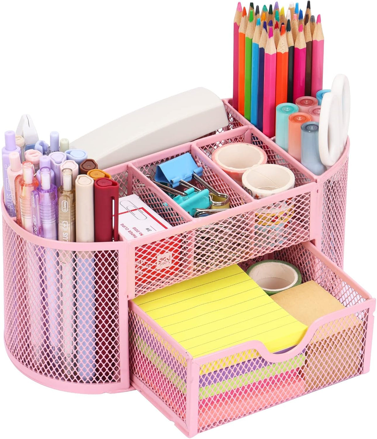 EOOUT Pink Desk Organizer Mesh Pencil Holder 8 Compartments 1 Drawer