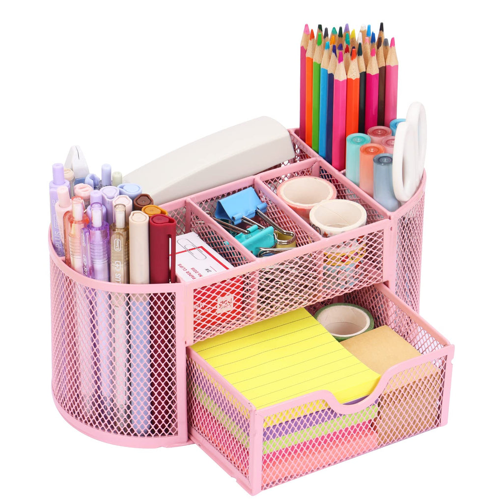 EOOUT Pink Desk Organizer Mesh Pencil Holder 8 Compartments 1 Drawer