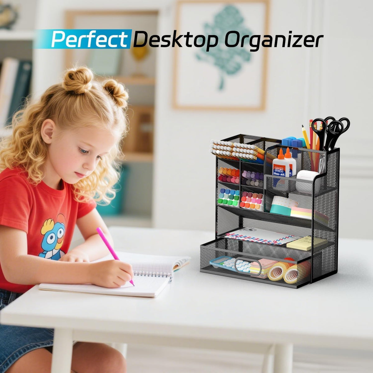 Mesh Pen Organizer for Desk, 13 Compartments with Drawer, Black