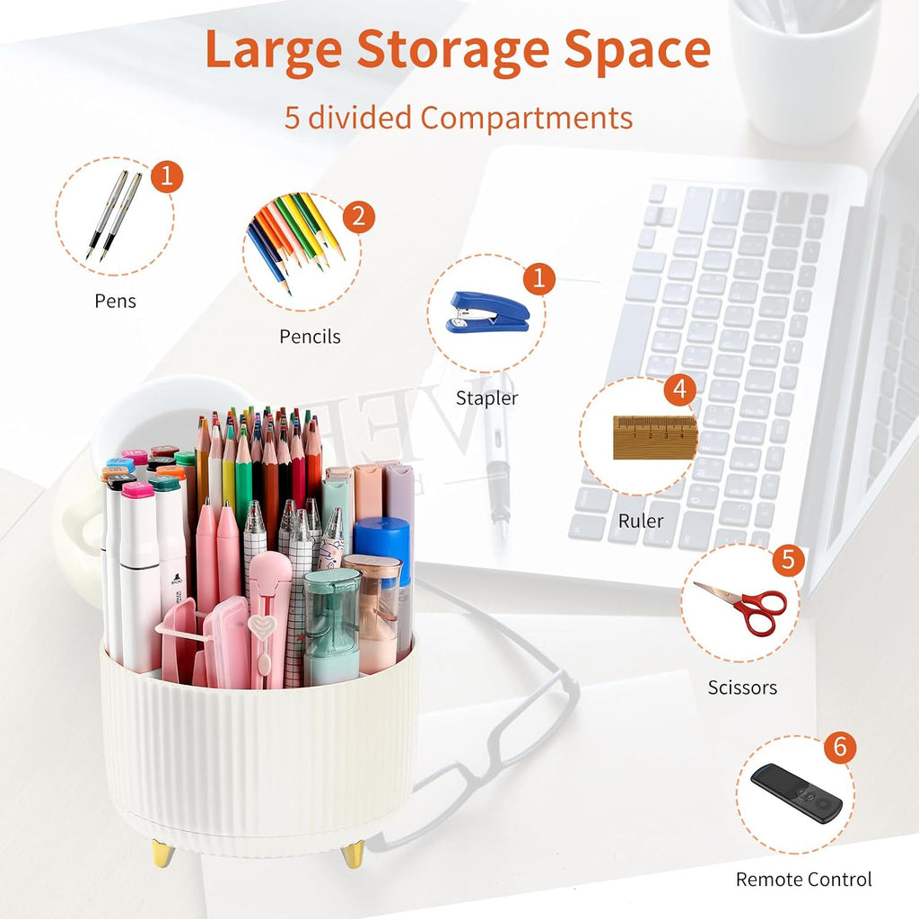 Desk Pencil Pen Holder, 5 Slots 360°Degree Rotating Pen Organizers for Desk, Desktop Storage Stationery Supplies Organizer, Cute Pencil Cup Pot for Office, School, Home, Art Supply, Beige
