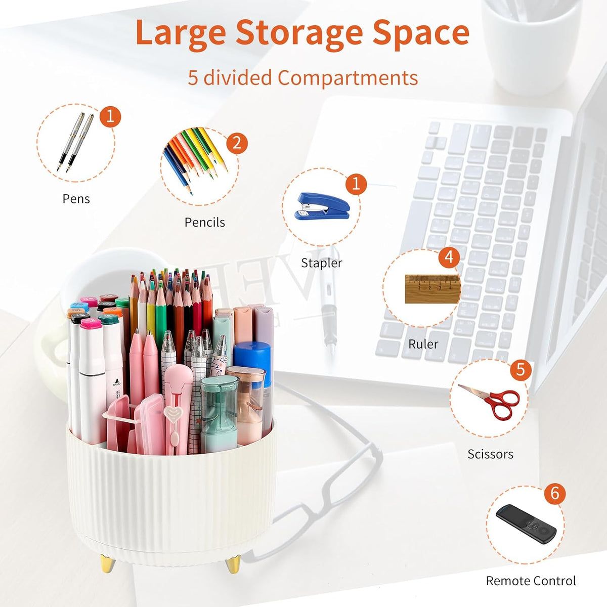 Desk Pencil Pen Holder, 5 Slots 360°Degree Rotating Pen Organizers for Desk, Desktop Storage Stationery Supplies Organizer, Cute Pencil Cup Pot for Office, School, Home, Art Supply, Beige