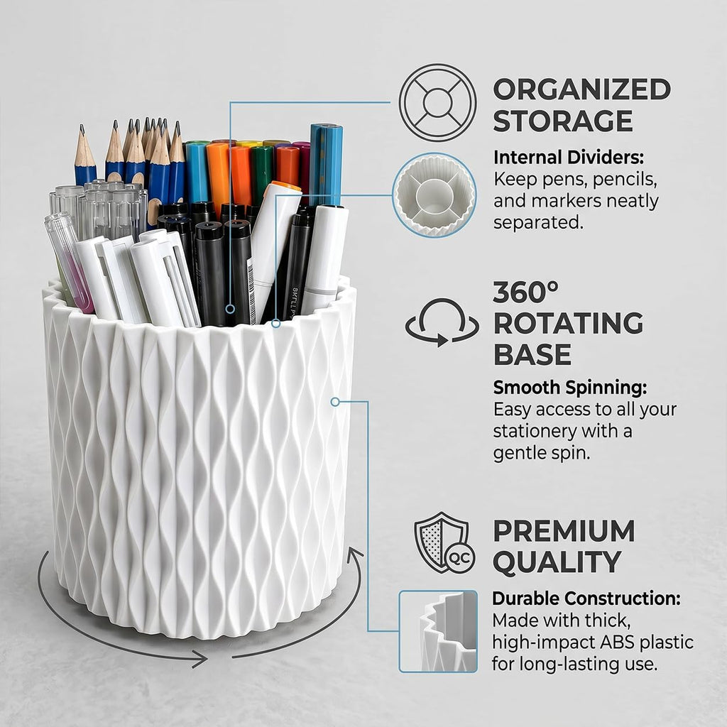 Lebenrich Rotating Pen Holder for Desk, 5 Slots Easthetic Pencil holder Desk Organizer Supplies and Accessories for Women Girls, Pencil Cup for Office Home Art Supply, White