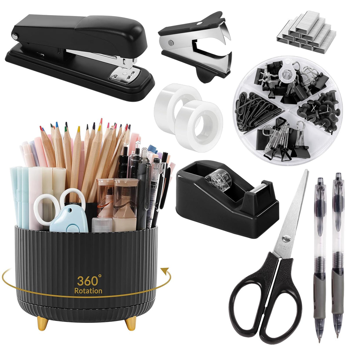 SKYDUE Black Office Supplies with Pencil Holder,Desk Accessories 11PCS