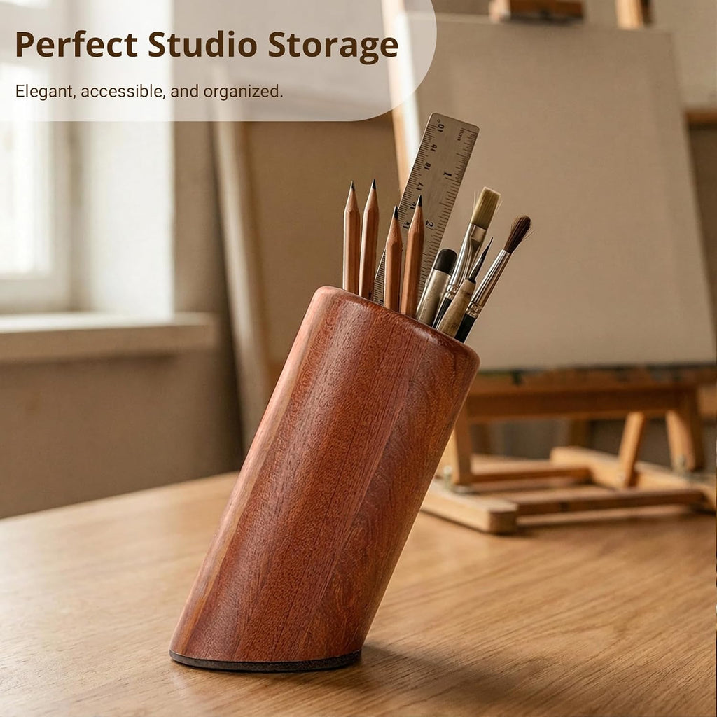 walowalo Pen Holder Natural Wooden Pencil Holder for Desk, Angled Design Makeup Brush Holder Pencil Cup, Multiple-Use Marker Holder Desktop Stationary Organizer for Office, Home, School