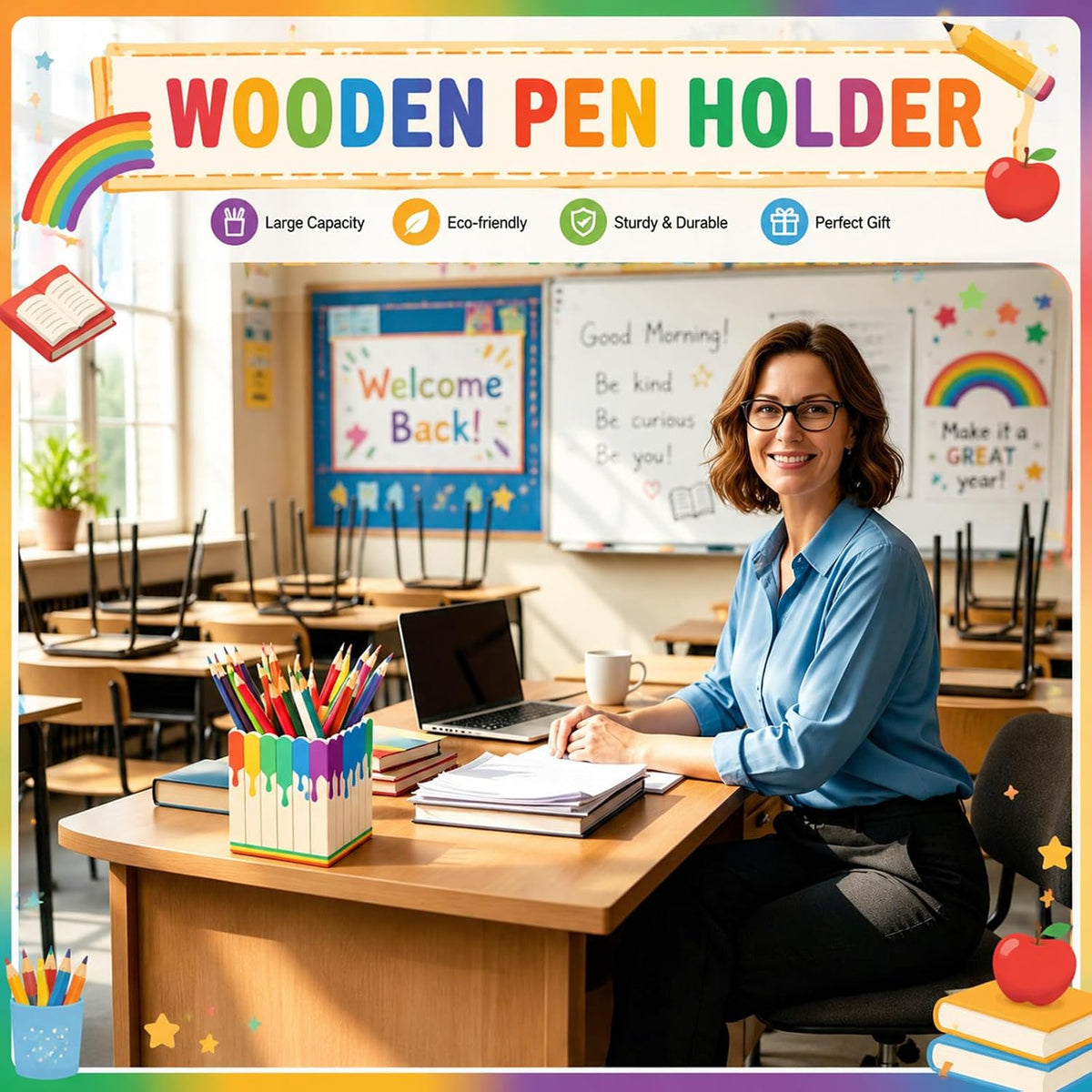 Sherr 2 Pcs Wood Pencil Holder Art Painting Classroom Decor Pen Holder for Classroom Back to School Wooden Crayon Organizer Pencil Storage for Teacher Students First Day School Gifts Office Desk