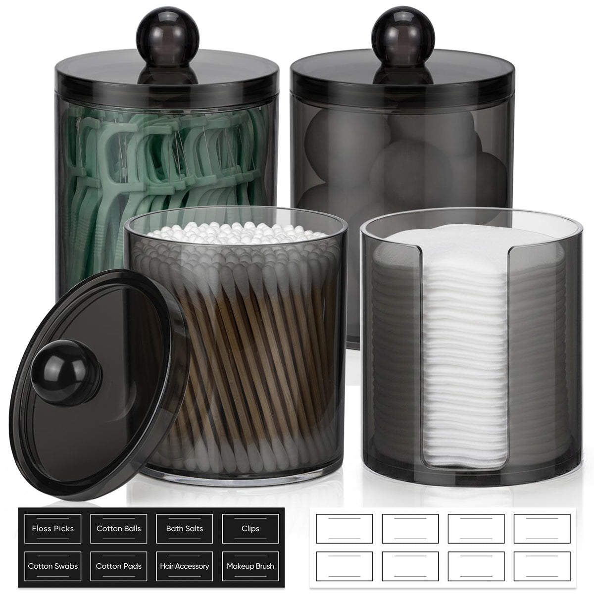 4 Pack Acrylic Qtip Holder Dispenser for Cotton Swabs, Balls, Floss Picks