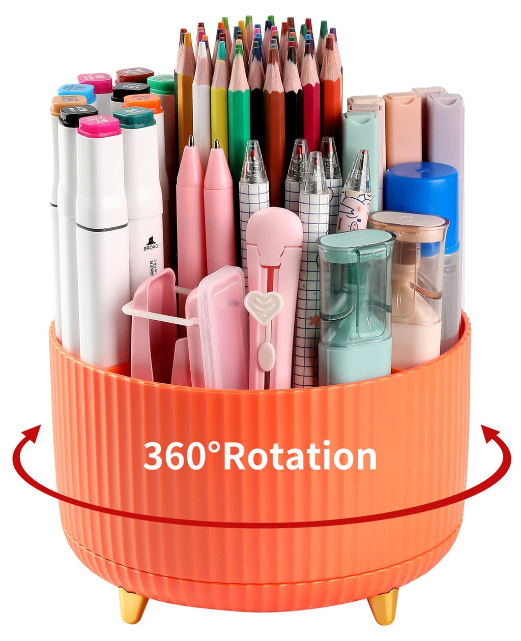 Desk Pencil Pen Holder, 5 Slots 360°Degree Rotating Pen Organizers for Desk, Desktop Storage Stationery Supplies Organizer, Cute Pencil Cup Pot for Office, School, Home, Art Supply, Beige