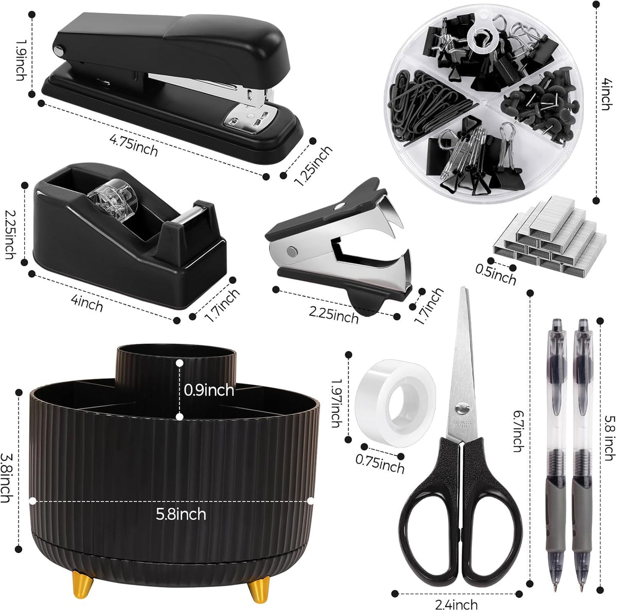 SKYDUE Black Office Supplies with Pencil Holder,Desk Accessories 11PCS