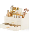 Lolalet Makeup Organizer for Vanity Desk, 3-Layer PU Leather Luxury Make Up Storage Cosmetics Holder Box with Drawers -Beige