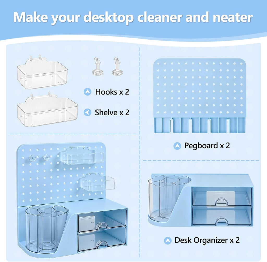 Desk Organizer with 360° Rotating Pen Holder, 5 Slots, 2 Drawers & Pegboard for Office School Art Supplies (Blue)