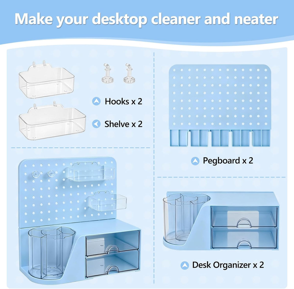 Desk Organizer with 360° Rotating Pen Holder, 5 Slots, 2 Drawers & Pegboard for Office School Art Supplies (Blue)