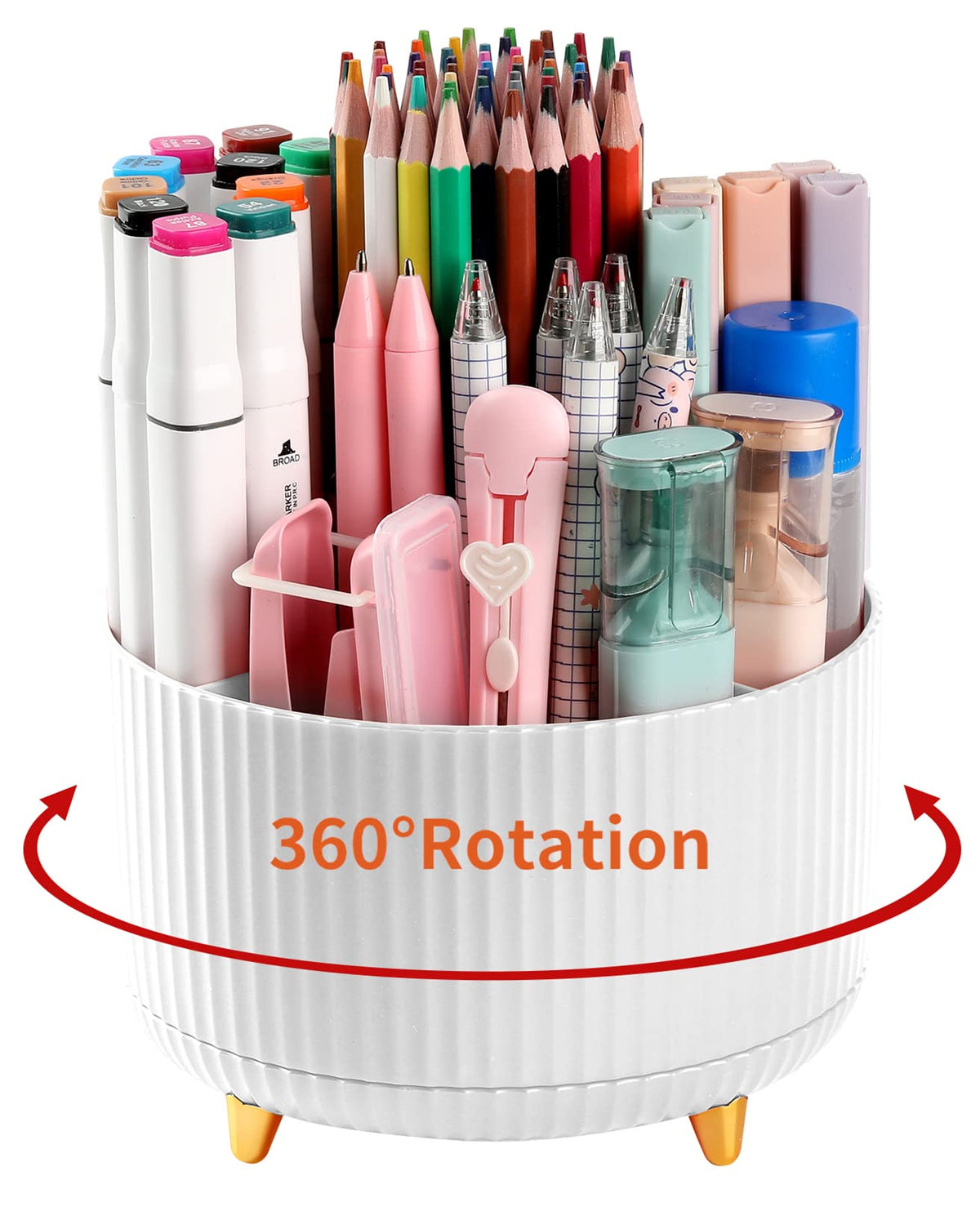 Desk Pencil Pen Holder, 5 Slots 360°Degree Rotating Pen Organizers for Desk, Desktop Storage Stationery Supplies Organizer, Cute Pencil Cup Pot for Office, School, Home, Art Supply, Beige
