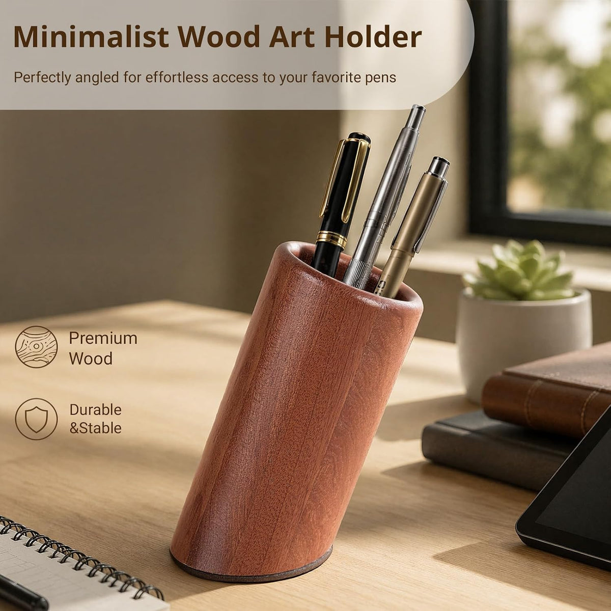 walowalo Pen Holder Natural Wooden Pencil Holder for Desk, Angled Design Makeup Brush Holder Pencil Cup, Multiple-Use Marker Holder Desktop Stationary Organizer for Office, Home, School