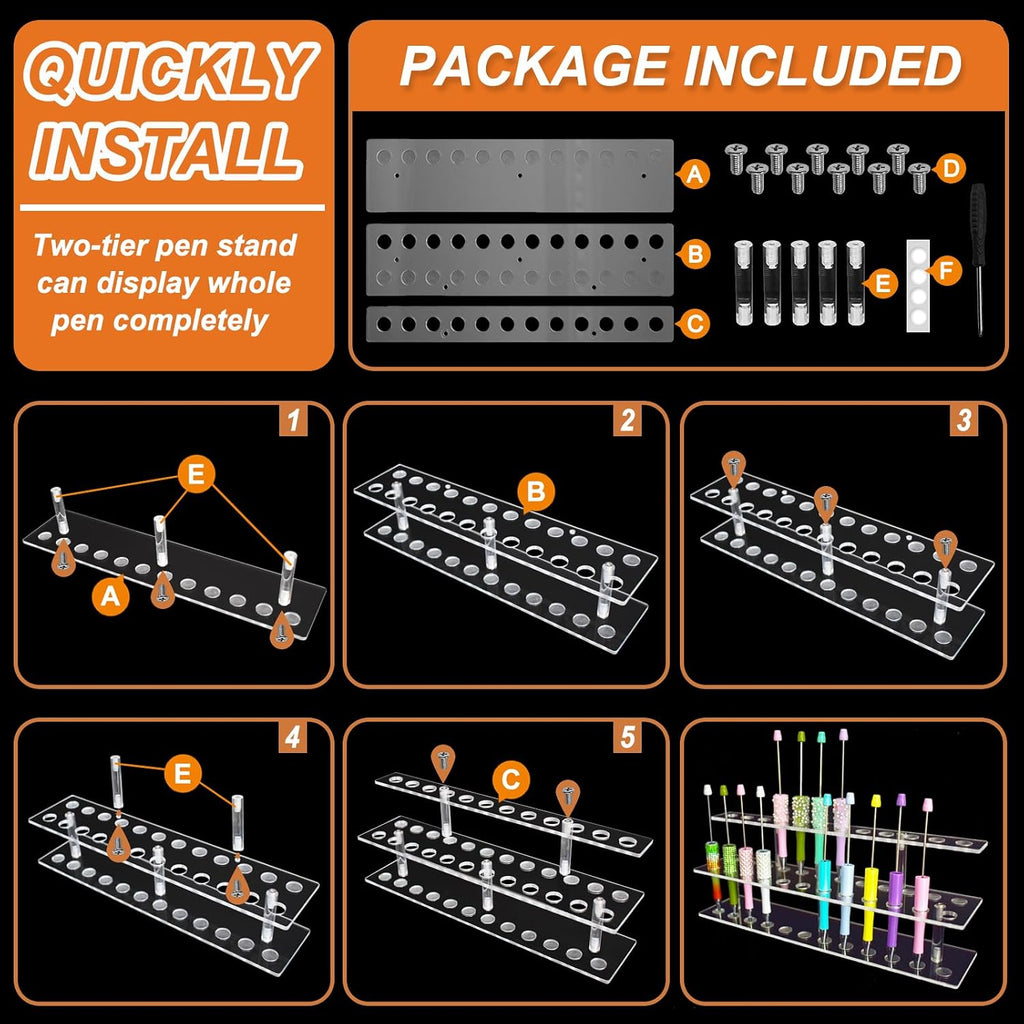 Acrylic Pen Display Stand 24 Slots 1.5cm Clear Pen Stand Display 2 Tier Acrylic Pen Holder Stand for Beadable Pen Pencil