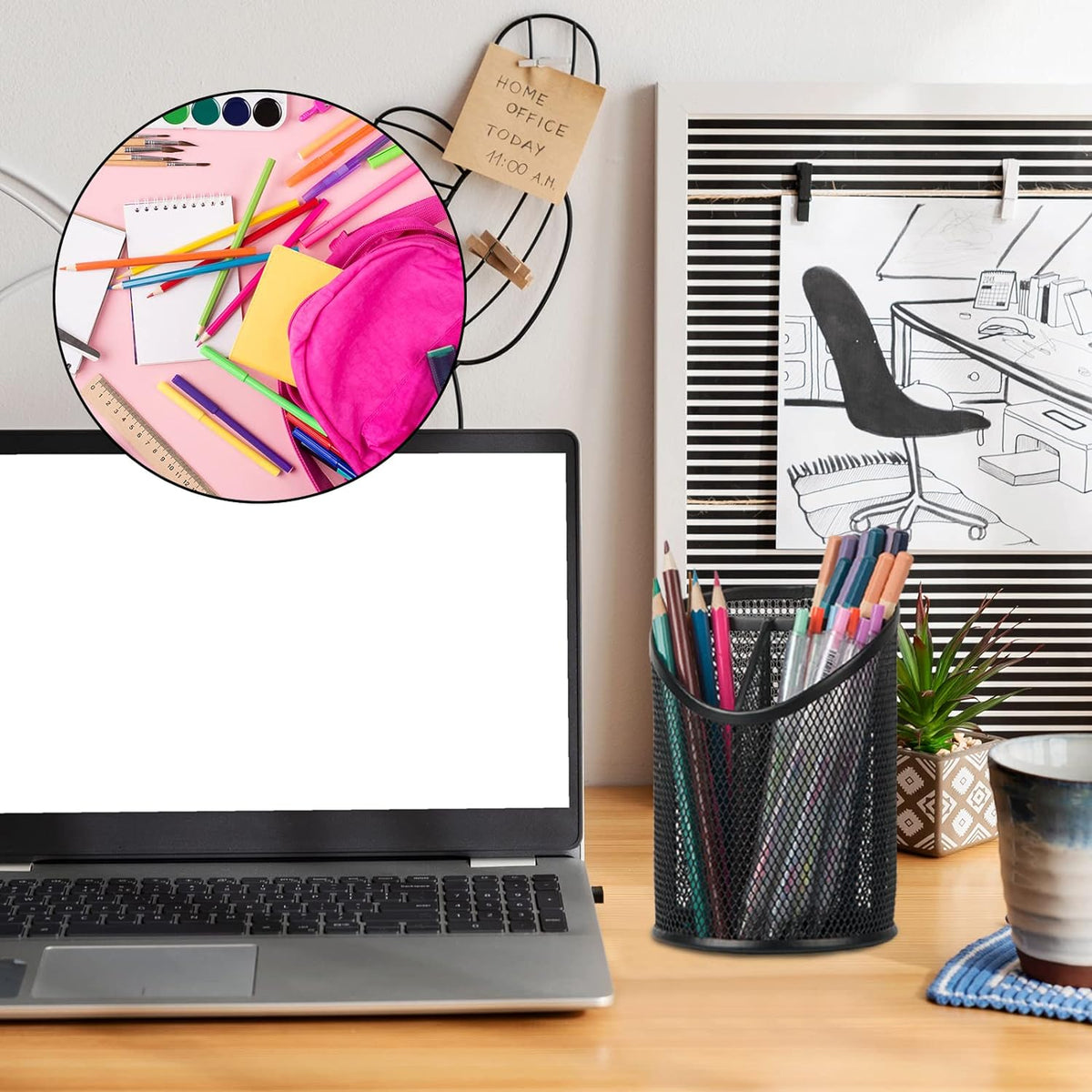 Delifox 2 Pack Pen Holder Mesh Round Pencil Holder 3 Compartments, Black