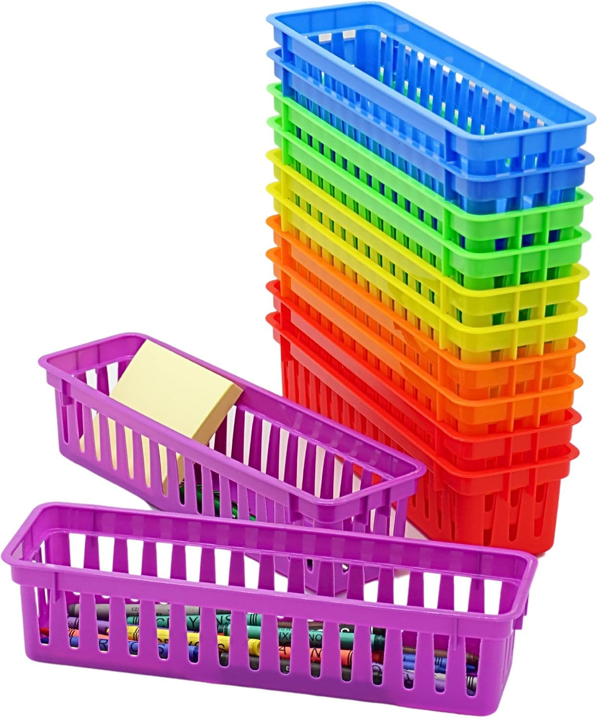 4E's Novelty 12 Pack Pencil Holder for Kids Desk, Colorful Plastic Pen Baskets Tray for Organizing Classroom Supplies, Plastic Caddy for Desk and Elementary Teacher Supplies for Classroom