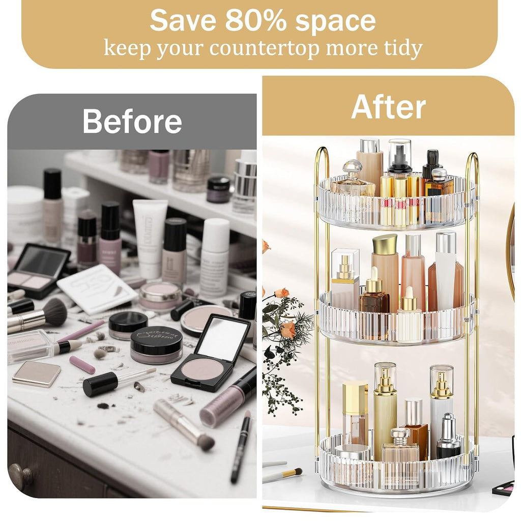 MOKANI 360 Rotating Makeup Organizer for Vanity, 3 Tier Perfume Organizer