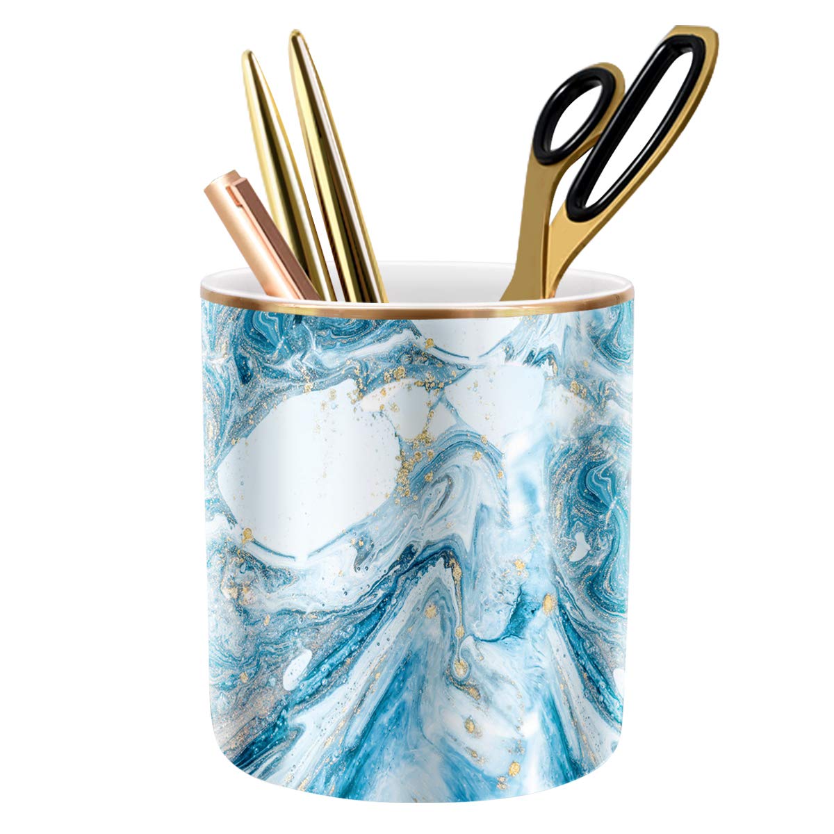 Large Capacity Colored Pen Holder for Desk, Ceramic Pencil Holder Pen Cup Marker Holder Makeup Brush Holders, Desk Accessories & Workspace Organizers for Home, Office, White Flower