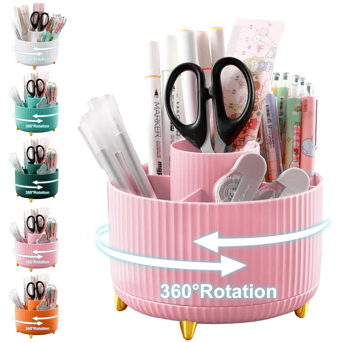 Cayxenful Pencil Holder For Desk,5 Slots 360°Degree Rotating Desk Organizers And Accessories,Desktop Storage Stationery Supplies Organizer, Cute Pencil Cup Pot For Office, School, Home (B-White)